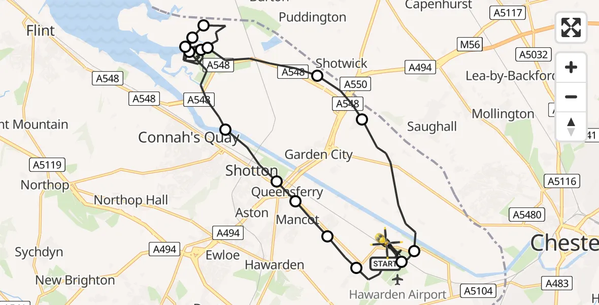 Flight route Police Helicopter Hawarden Airport - Saltney Ferry, 28 May 2026, 21:33