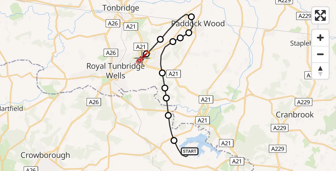 Flight route Air Ambulance Helicopter Rother - Tunbridge Wells Hospital Heliport, 28 May 2026, 21:36