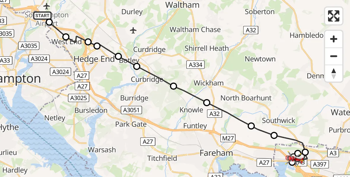 Flight route Air Ambulance Helicopter Southampton Airport - Port Solent, 28 May 2026, 21:44