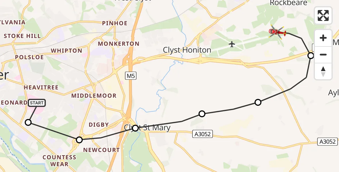 Flight route Air Ambulance Helicopter Royal Devon & Exeter Hospital - Rockbeare, 28 May 2026, 21:57