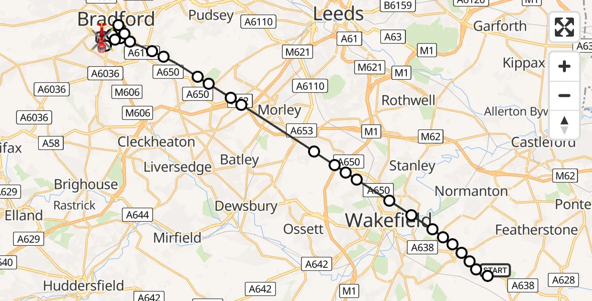 Flight route Air Ambulance Helicopter YAA Nostell Helicopter Port - Trident, 28 May 2026, 22:26