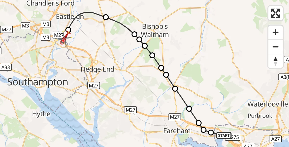 Flight route Air Ambulance Helicopter Port Solent - Southampton Airport, 28 May 2026, 22:28