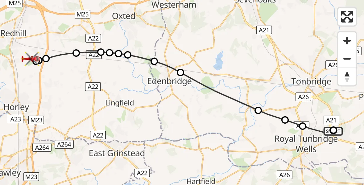 Flight route Air Ambulance Helicopter Tunbridge Wells Hospital Heliport - Redhill Aerodrome, 28 May 2026, 22:29