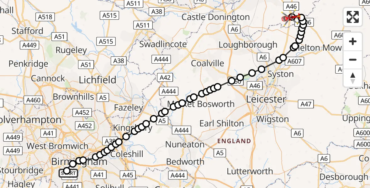 Flight route Air Ambulance Helicopter Queen Elizabeth Hospital Helipad - Nottingham Heliport, 28 May 2026, 22:32