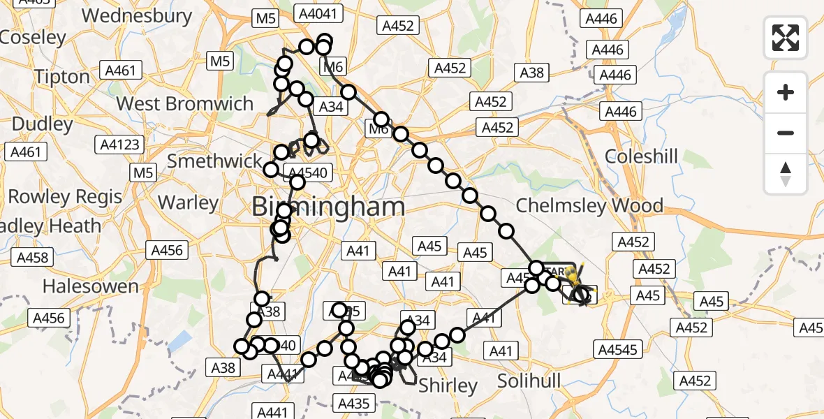 Flight route Police Helicopter Birmingham Airport - Birmingham Airport, 28 May 2026, 22:32