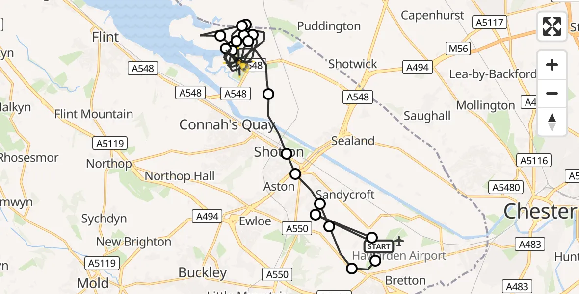 Flight route Police Helicopter Hawarden Airport - Connah's Quay, 28 May 2026, 22:33