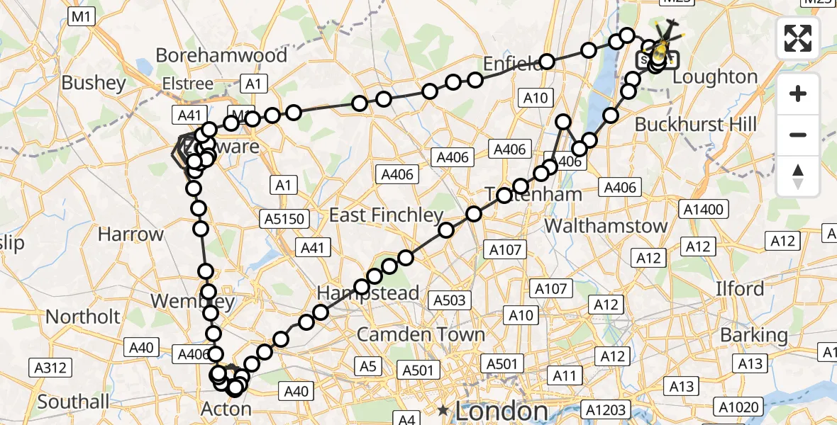 Flight route Police Helicopter Metropolitan Police Air Support Unit Lippitts Hill - Epping Forest, 28 May 2026, 23:09