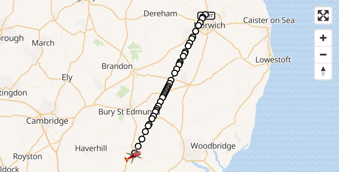 Flight route Air Ambulance Helicopter Norwich Airport - Sudbury, 28 May 2026, 23:25