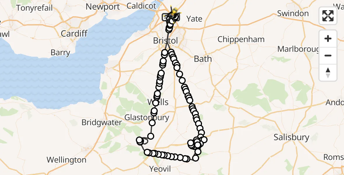 Flight route Police Helicopter Almondsbury Helicopter Base - Almondsbury Helicopter Base, 29 May 2026, 00:03