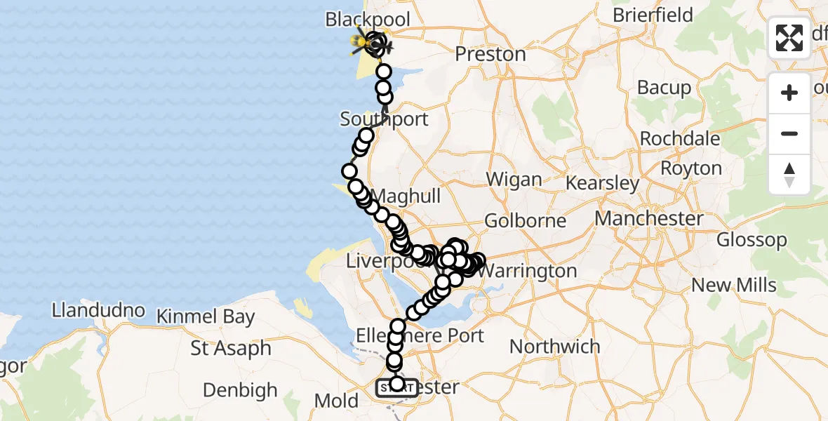 Flight route Police Helicopter Saltney Ferry - Blackpool Airport, 29 May 2026, 00:38