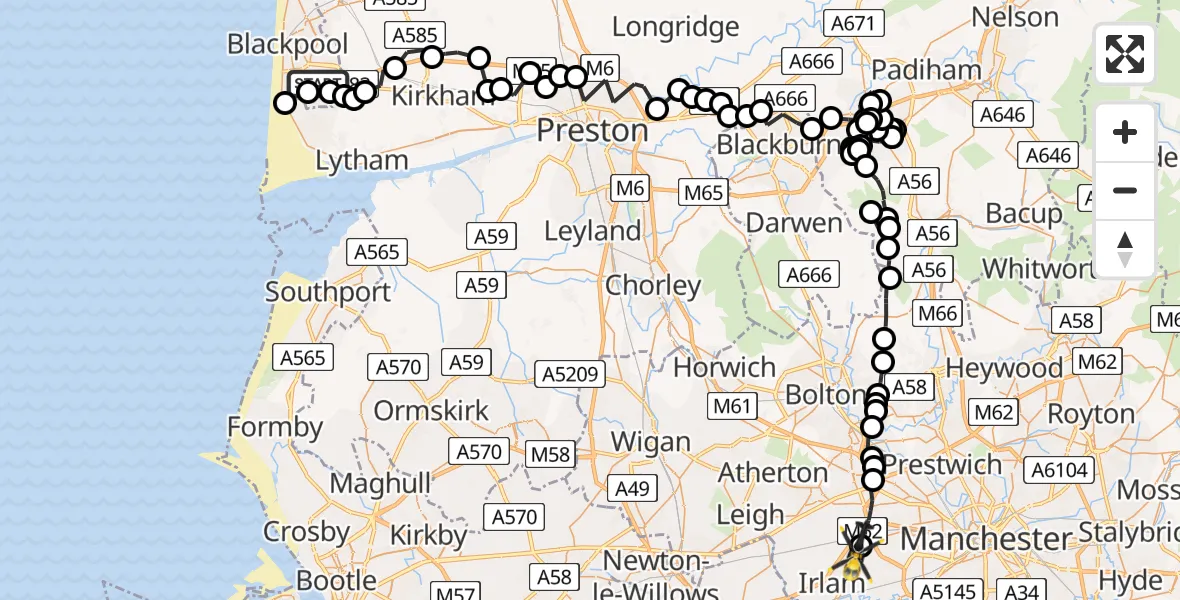 Flight route Police Helicopter Marton Moss Side - Manchester Barton Aerodrome, 29 May 2026, 01:32