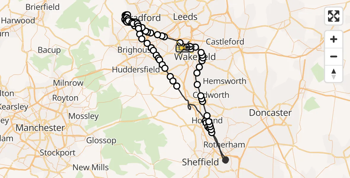 Flight route Police Helicopter East Ardsley - Brandy Carr, 29 May 2026, 01:37