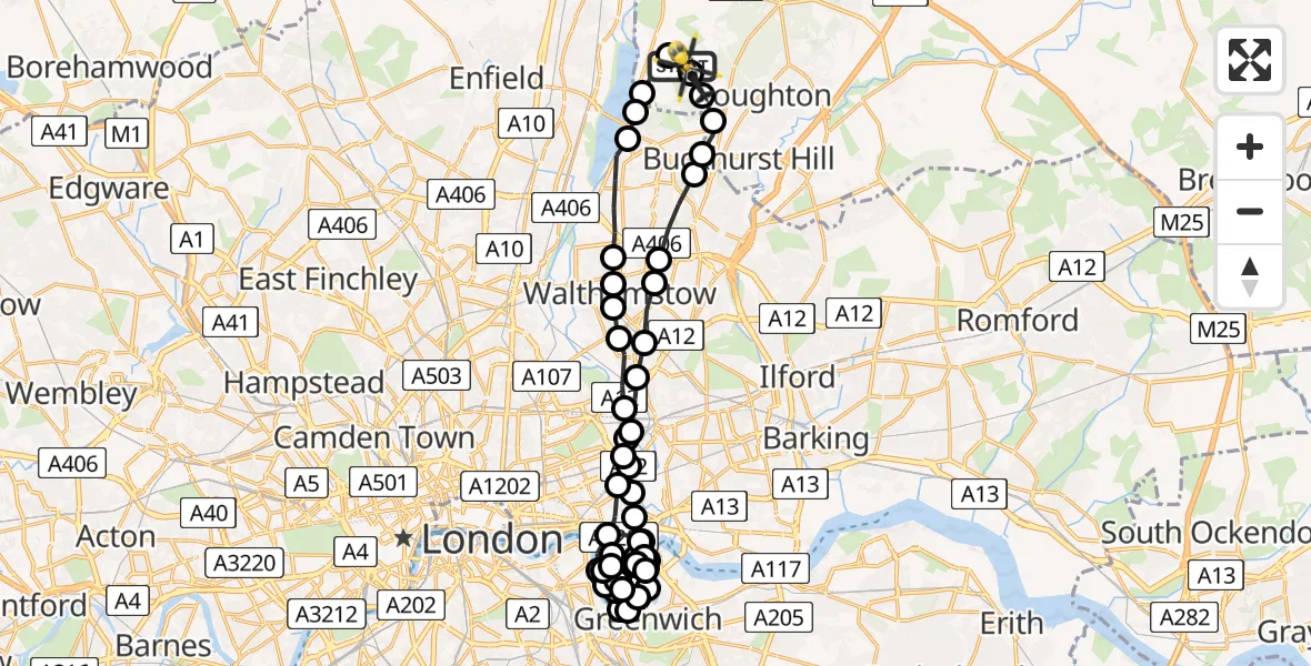 Flight route Police Helicopter Metropolitan Police Air Support Unit Lippitts Hill - Metropolitan Police Air Support Unit Lippitts Hill, 29 May 2026, 02:02