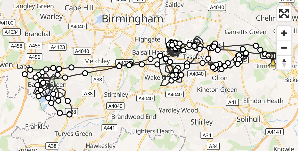 Flight route Police Helicopter Birmingham Airport - Birmingham Airport, 29 May 2026, 02:19
