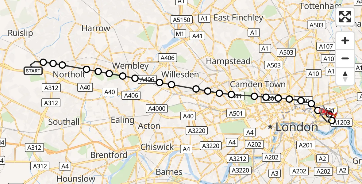 Flight route Air Ambulance Helicopter RAF Northolt - Royal London Hospital, 29 May 2026, 07:07