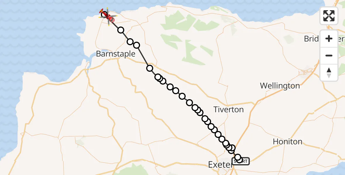 Flight route Air Ambulance Helicopter Exeter International Airport - Ilfracombe, 29 May 2026, 08:02