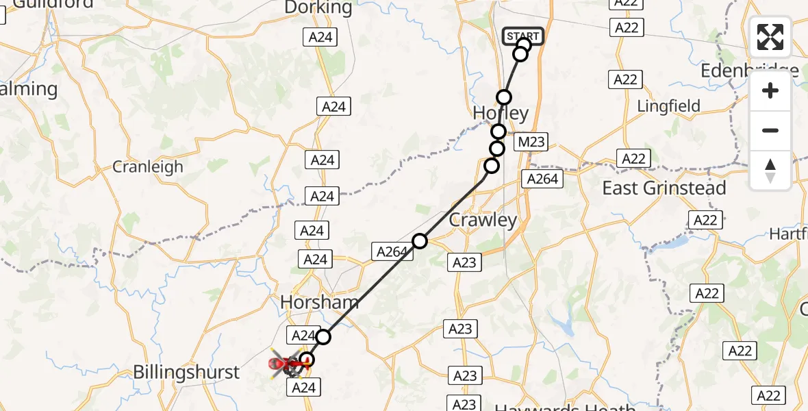 Flight route Air Ambulance Helicopter Redhill Aerodrome - Horsham, 29 May 2026, 08:09