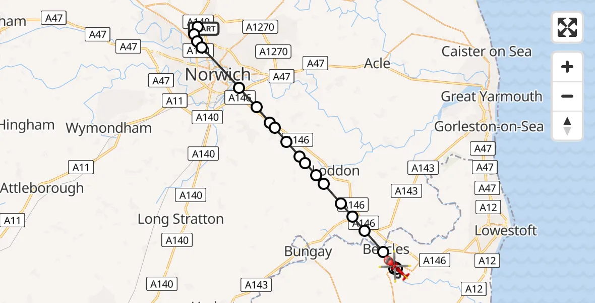Flight route Air Ambulance Helicopter Norwich Airport - Weston, 29 May 2026, 08:22