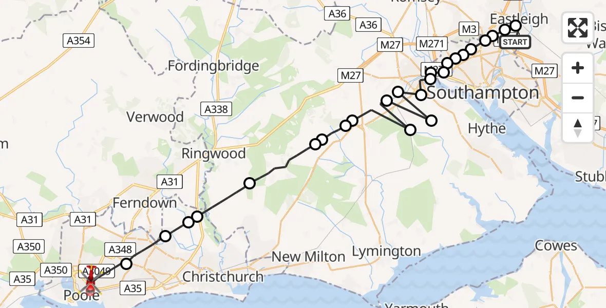 Flight route Air Ambulance Helicopter Southampton Airport - Poole, 29 May 2026, 08:28