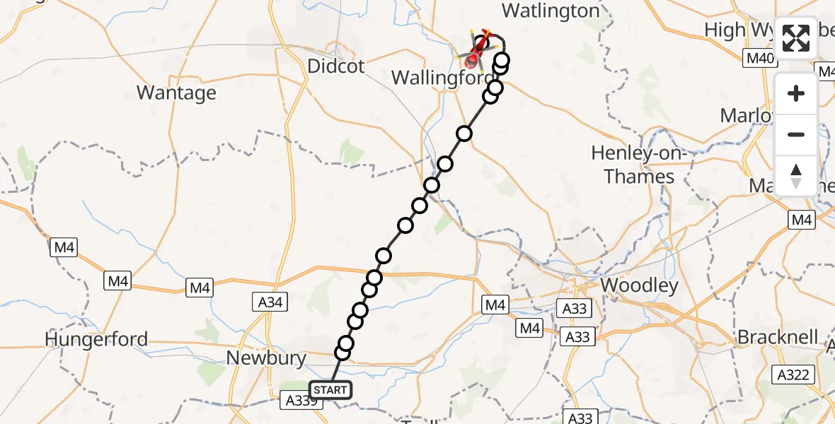 Flight route Air Ambulance Helicopter Thatcham - RAF Benson, 29 May 2026, 08:34