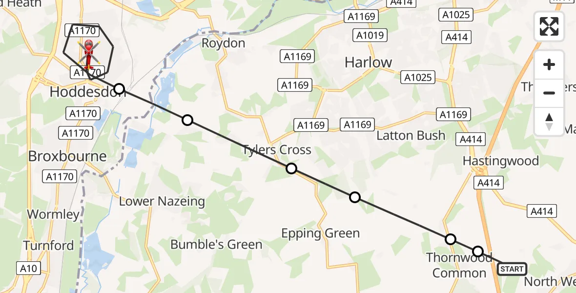 Flight route Air Ambulance Helicopter North Weald Airfield - Hoddesdon, 29 May 2026, 08:42