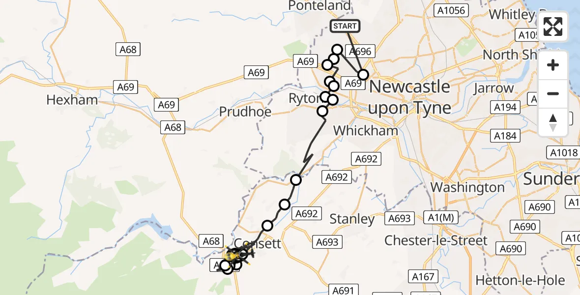Flight route Police Helicopter Newcastle International Airport - Consett, 29 May 2026, 08:44