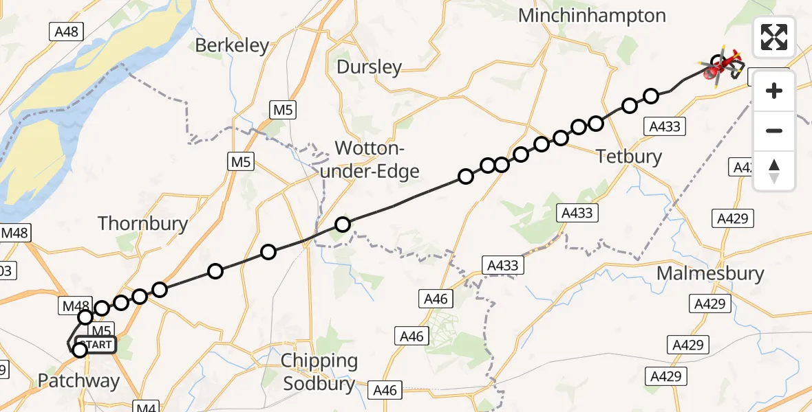 Flight route Air Ambulance Helicopter Almondsbury Helicopter Base - Rodmarton, 29 May 2026, 09:04