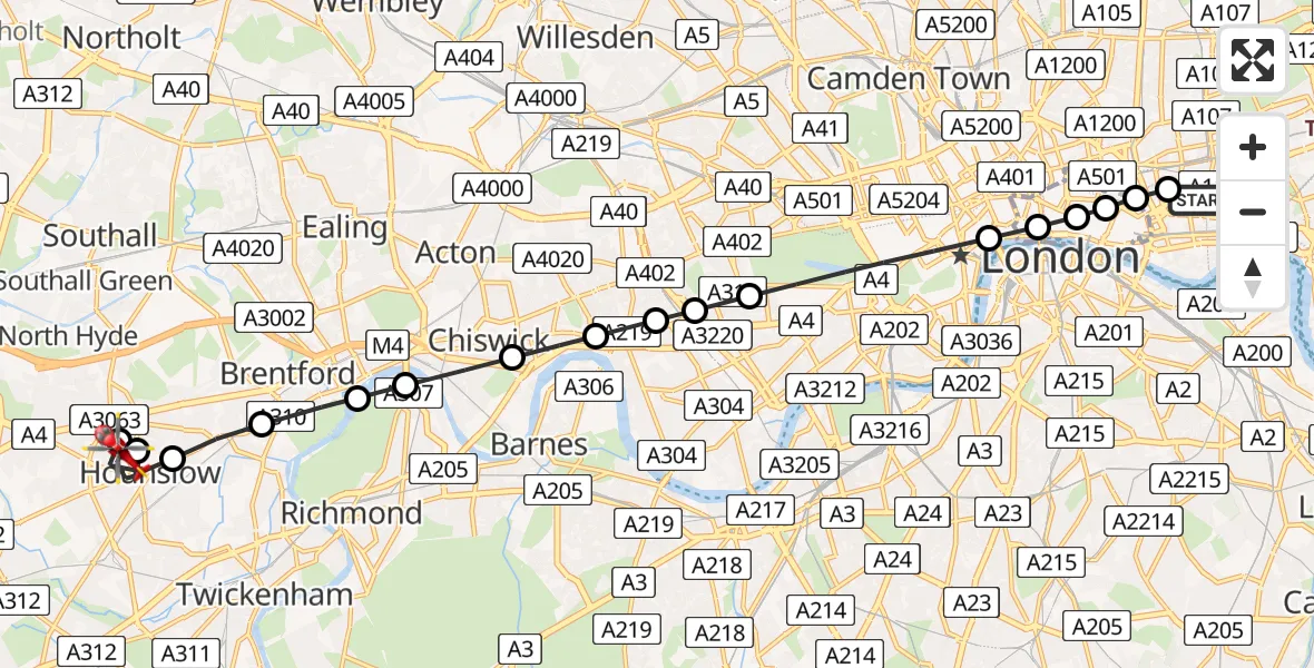 Flight route Air Ambulance Helicopter Royal London Hospital - Worton, 29 May 2026, 09:15