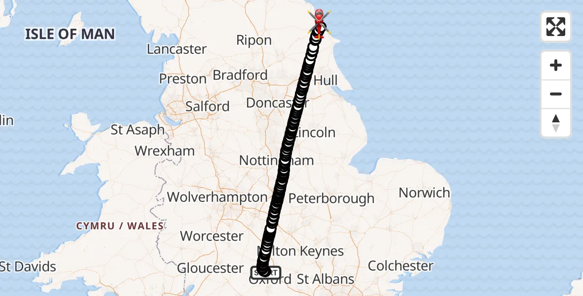 Flight route Air Ambulance Helicopter London Oxford Airport - Scarborough, 29 May 2026, 09:15