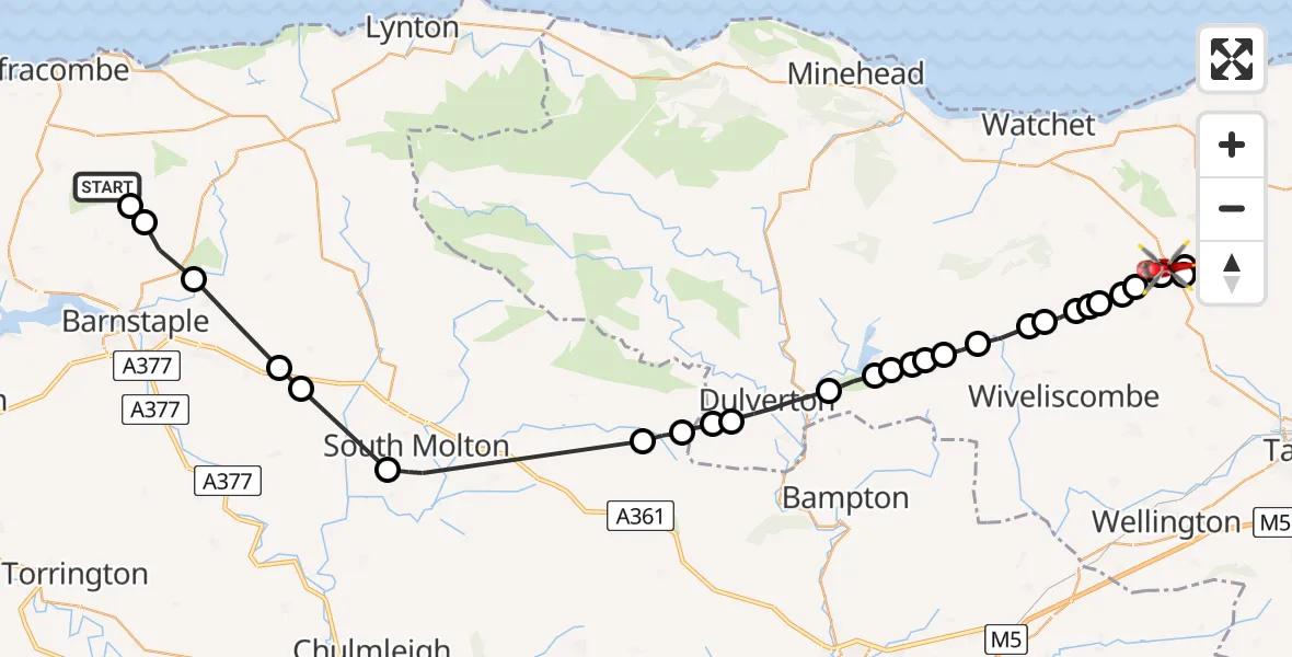Flight route Air Ambulance Helicopter Muddiford - Crowcombe, 29 May 2026, 09:16