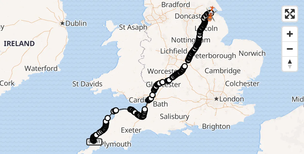 Flight route Coastguard Helicopter Cornwall Airport Newquay - Humberside Airport, 29 May 2026, 09:32