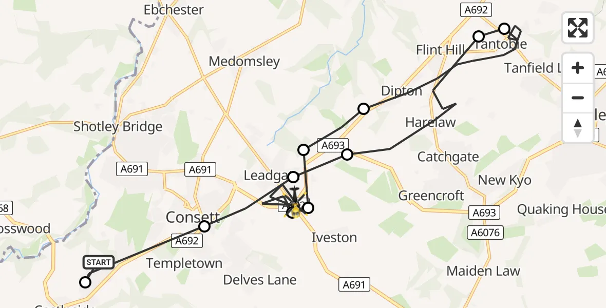 Flight route Police Helicopter Consett - Leadgate, 29 May 2026, 09:35