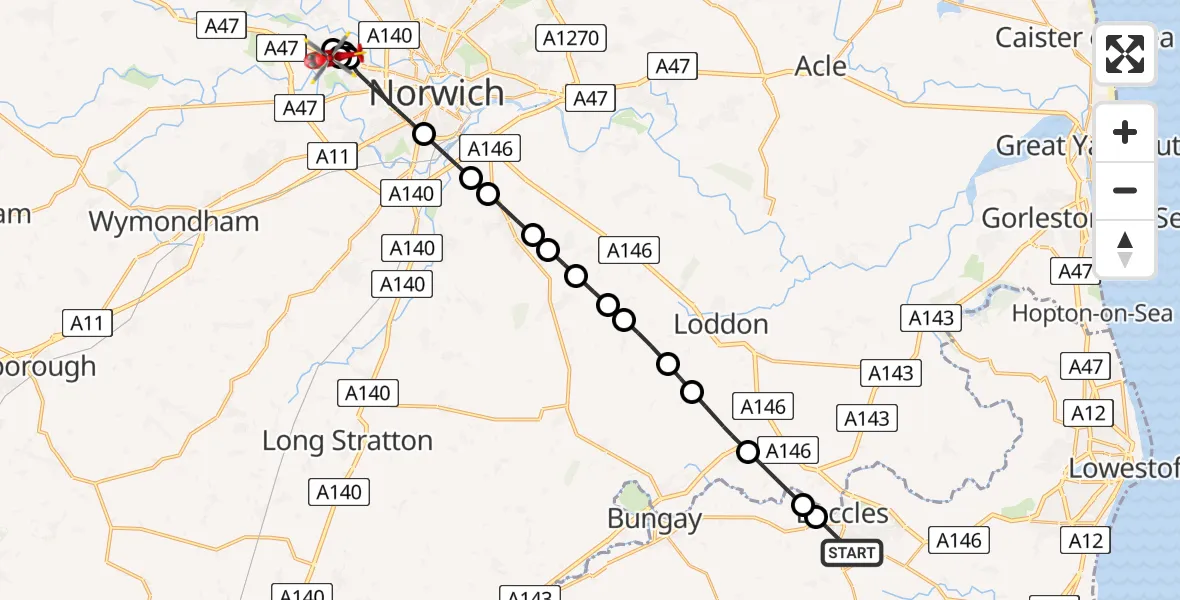 Flight route Air Ambulance Helicopter Beccles - Norwich, 29 May 2026, 09:41