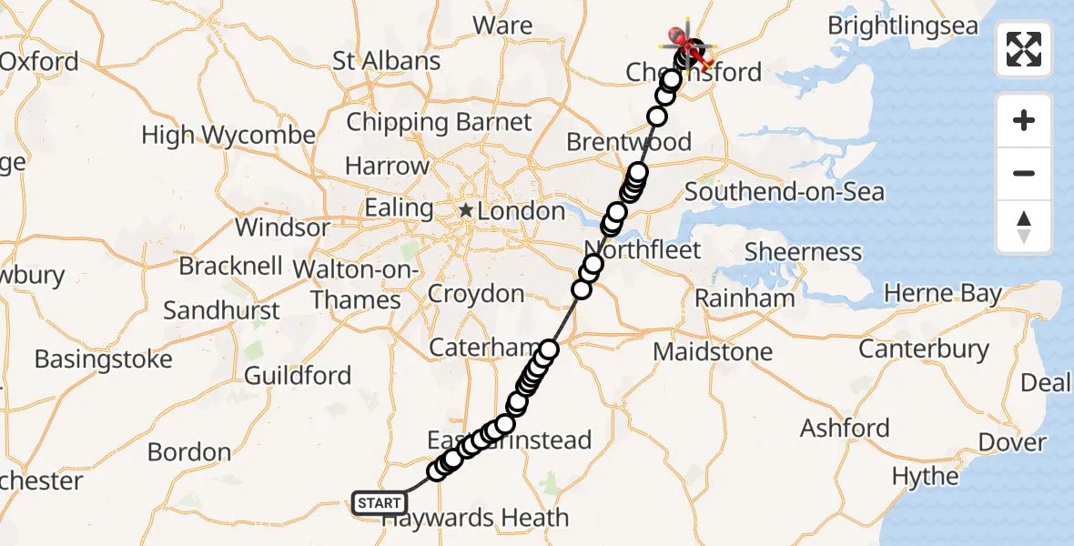Flight route Air Ambulance Helicopter Horsham - Little Waltham, 29 May 2026, 09:42