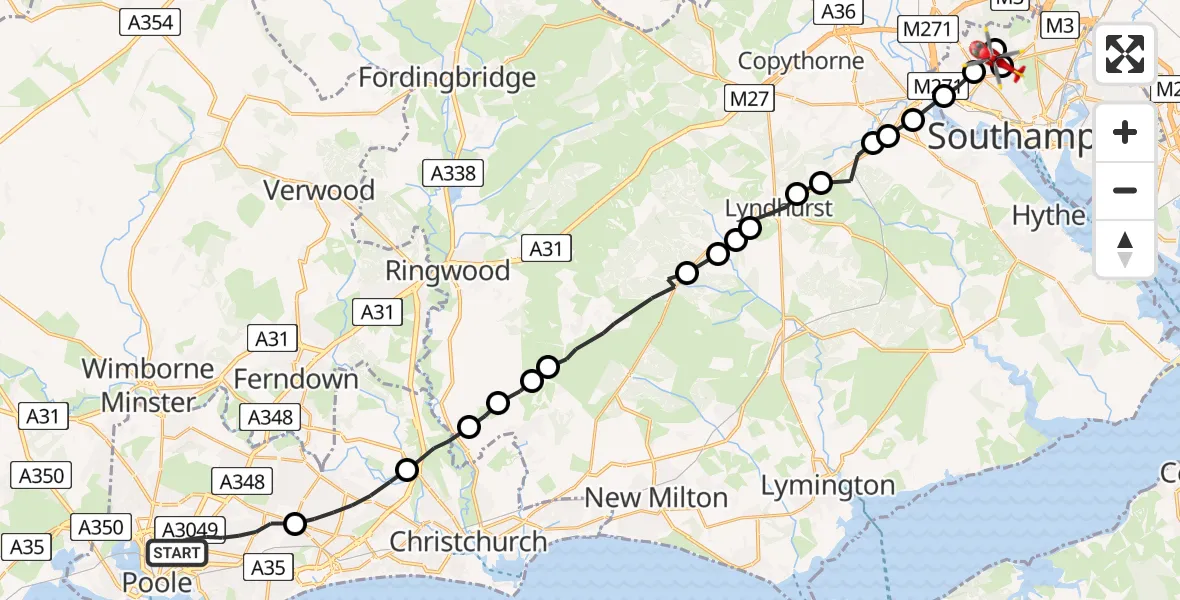 Flight route Air Ambulance Helicopter Poole - University Hospital Southampton, 29 May 2026, 09:46