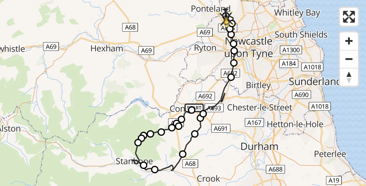 Flight route Police Helicopter Leadgate - Woolsington, 29 May 2026, 09:46