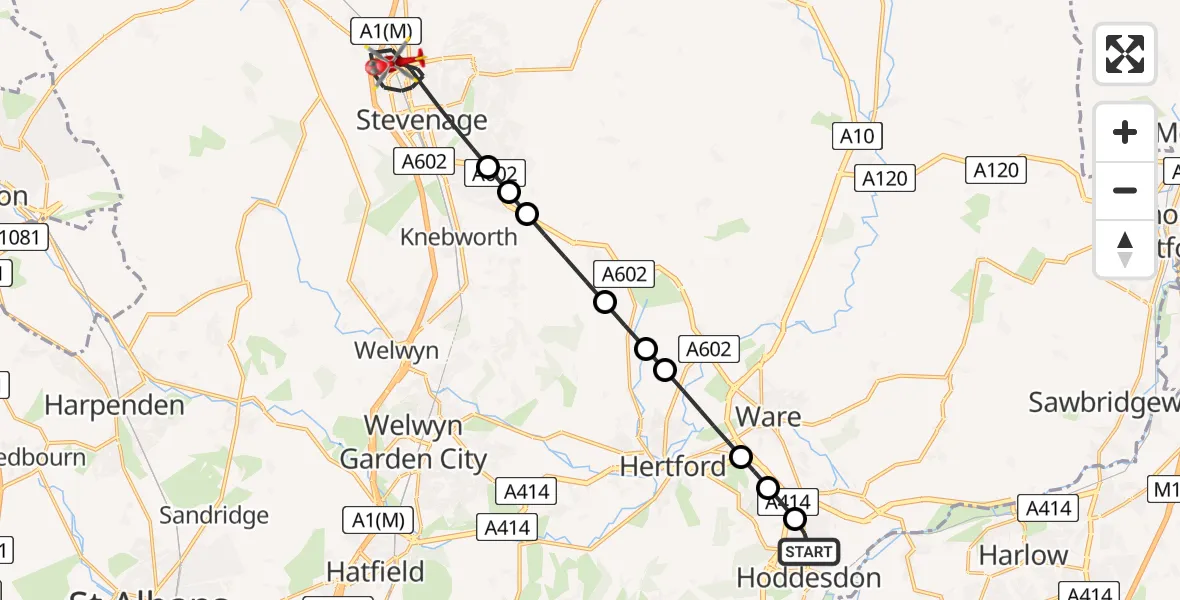 Flight route Air Ambulance Helicopter Hoddesdon - Stevenage, 29 May 2026, 09:50