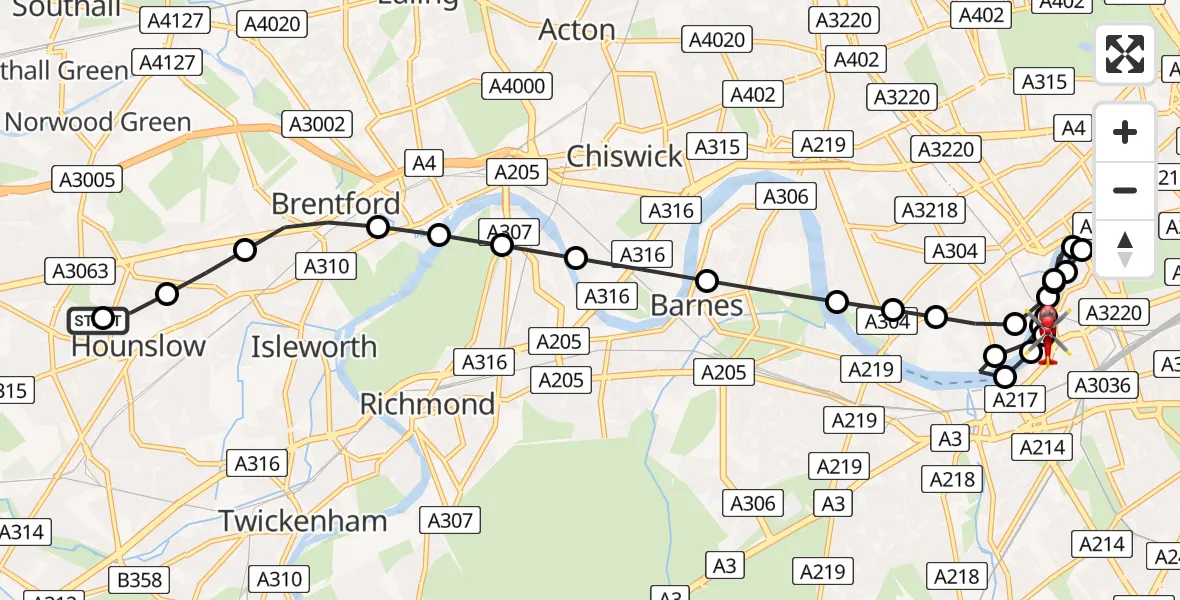 Flight route Air Ambulance Helicopter Hounslow West - London Heliport, 29 May 2026, 09:51