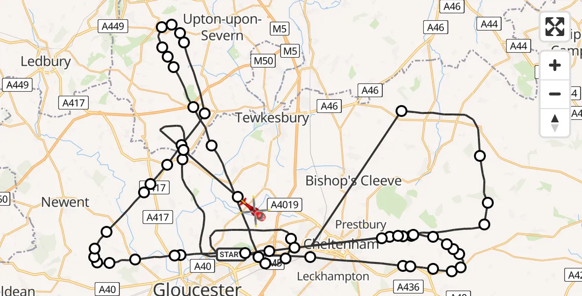 Flight route Air Ambulance Helicopter Tewkesbury - Tewkesbury, 29 May 2026, 09:53