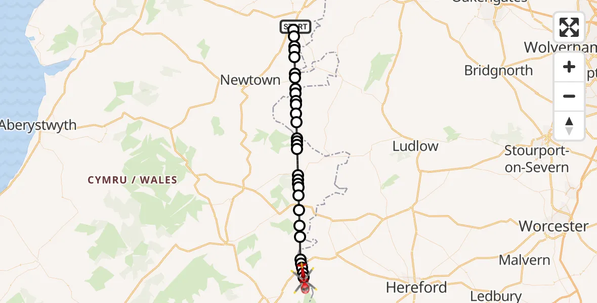 Flight route Air Ambulance Helicopter Welshpool Airport - Hay on Wye, 29 May 2026, 10:00