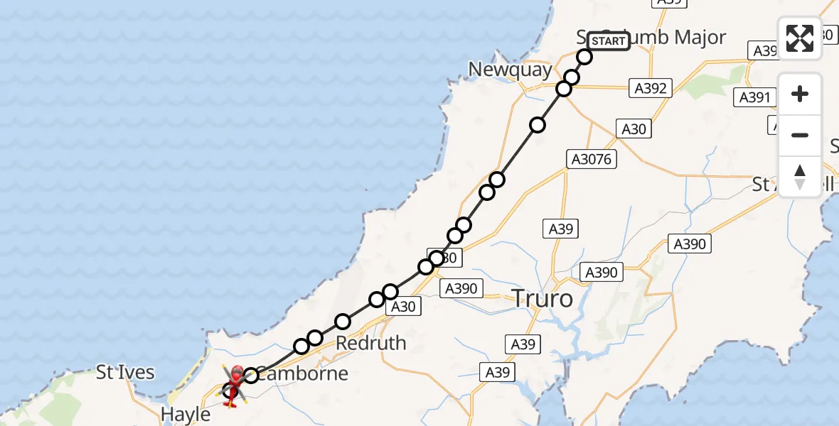 Flight route Air Ambulance Helicopter Cornwall Airport Newquay - Angarrack, 29 May 2026, 10:04