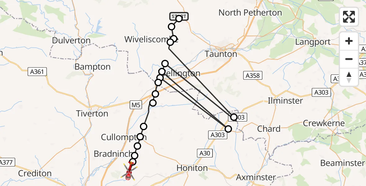 Flight route Air Ambulance Helicopter Lydeard St. Lawrence - Clyst St. Lawrence, 29 May 2026, 10:17