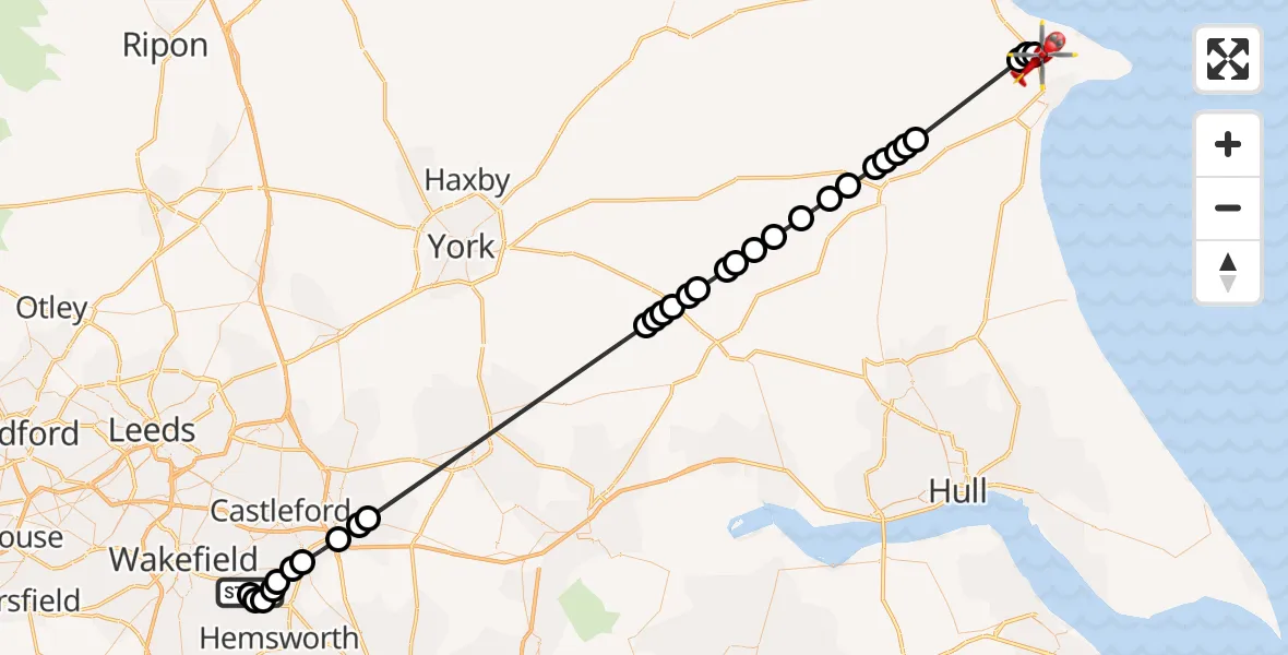 Flight route Air Ambulance Helicopter YAA Nostell Helicopter Port - Bridlington, 29 May 2026, 10:22