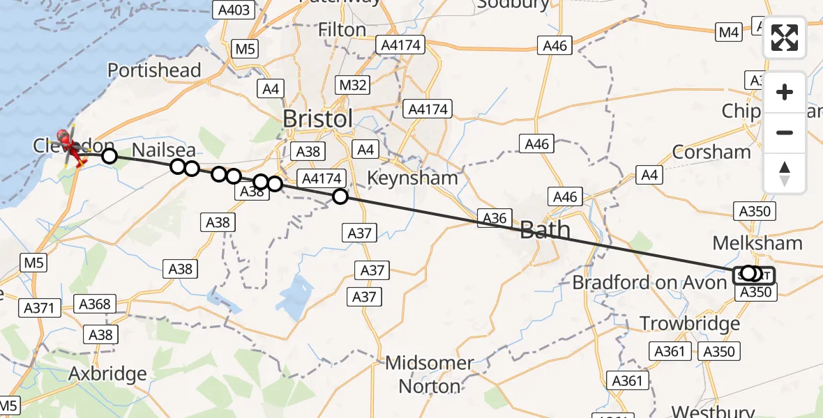 Flight route Air Ambulance Helicopter Wiltshire Air Ambulance - Clevedon, 29 May 2026, 10:25