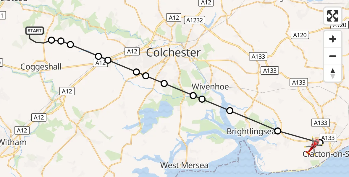 Flight route Air Ambulance Helicopter Braintree - Clacton-on-Sea, 29 May 2026, 10:34