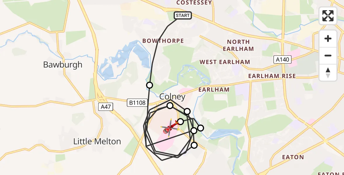 Flight route Air Ambulance Helicopter Norwich - Norfolk & Norwich Hospital, 29 May 2026, 10:34