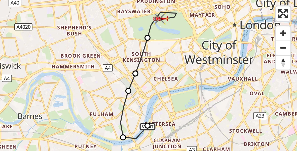 Flight route Air Ambulance Helicopter London Heliport - City of Westminster, 29 May 2026, 10:35