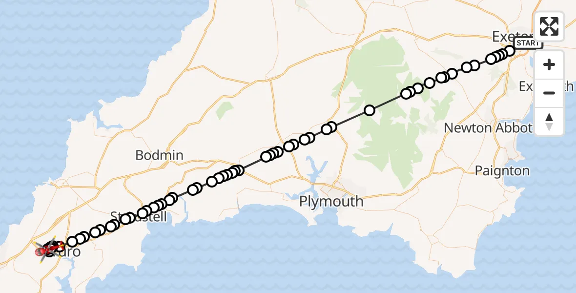 Flight route Air Ambulance Helicopter Exeter - Treliske Hospital, 29 May 2026, 10:44