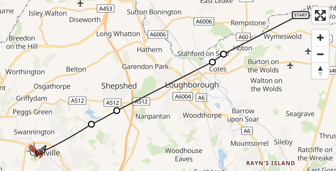 Flight route Air Ambulance Helicopter Wymeswold - Coalville, 29 May 2026, 10:54