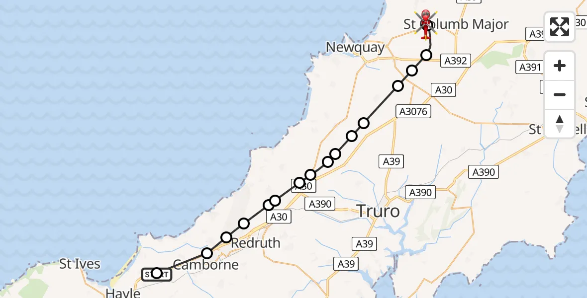 Flight route Air Ambulance Helicopter Hayle - Cornwall Airport Newquay, 29 May 2026, 10:53
